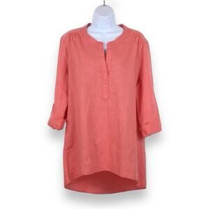 ELLEN TRACY LINEN Split Neck 3/4 Length Sleeve Coral Tunic size L